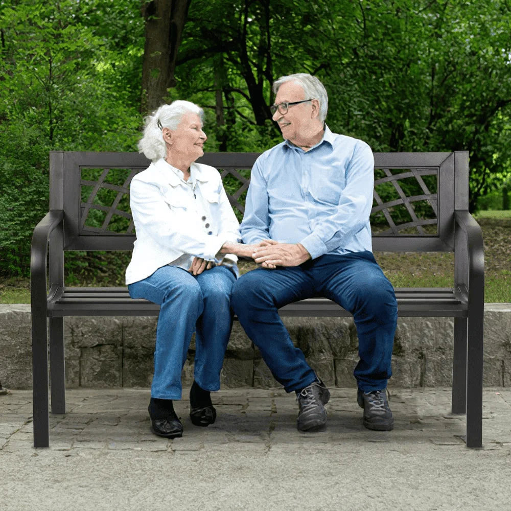 Outdoor Bench With Armrests Cast Iron Steel Frame For Patio