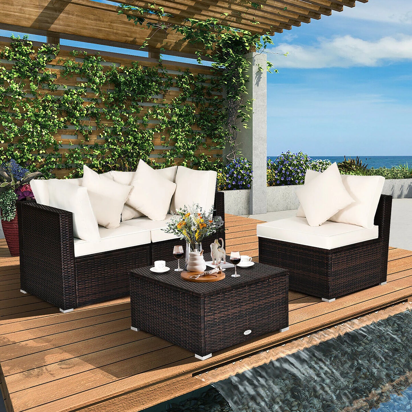 HOMASIS 4-Piece Patio Rattan Sofa Set With Cushions And Ottoman