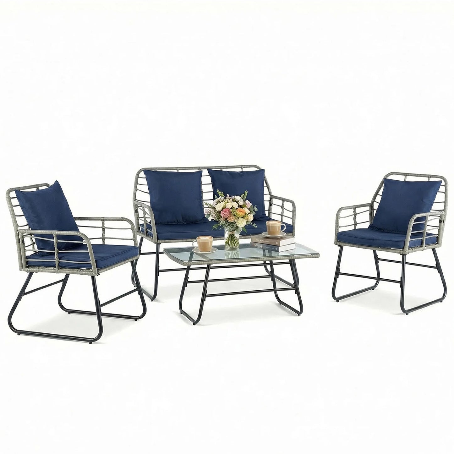 JHK Outdoor Wicker Patio Set 4-Piece With Cushions Glass Table