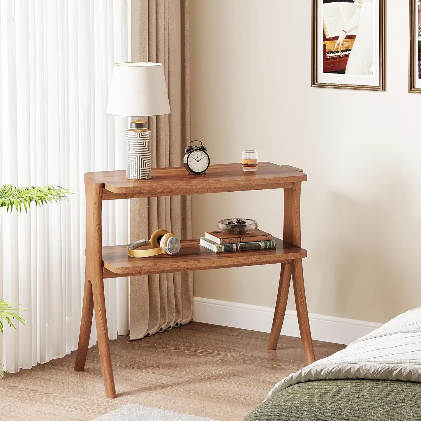 LITTLE TREE Two Tier Side Table For Living Room With Solid Wood Legs