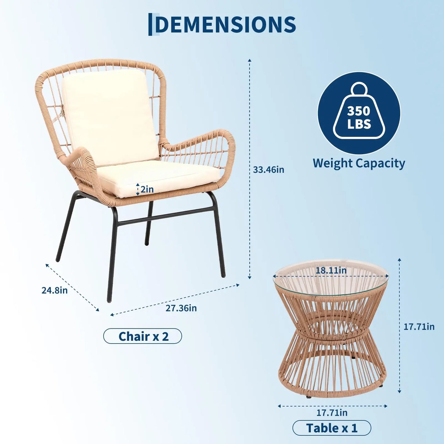 HobbyLane Boho 3 Piece Patio Set With Glass Table Chairs