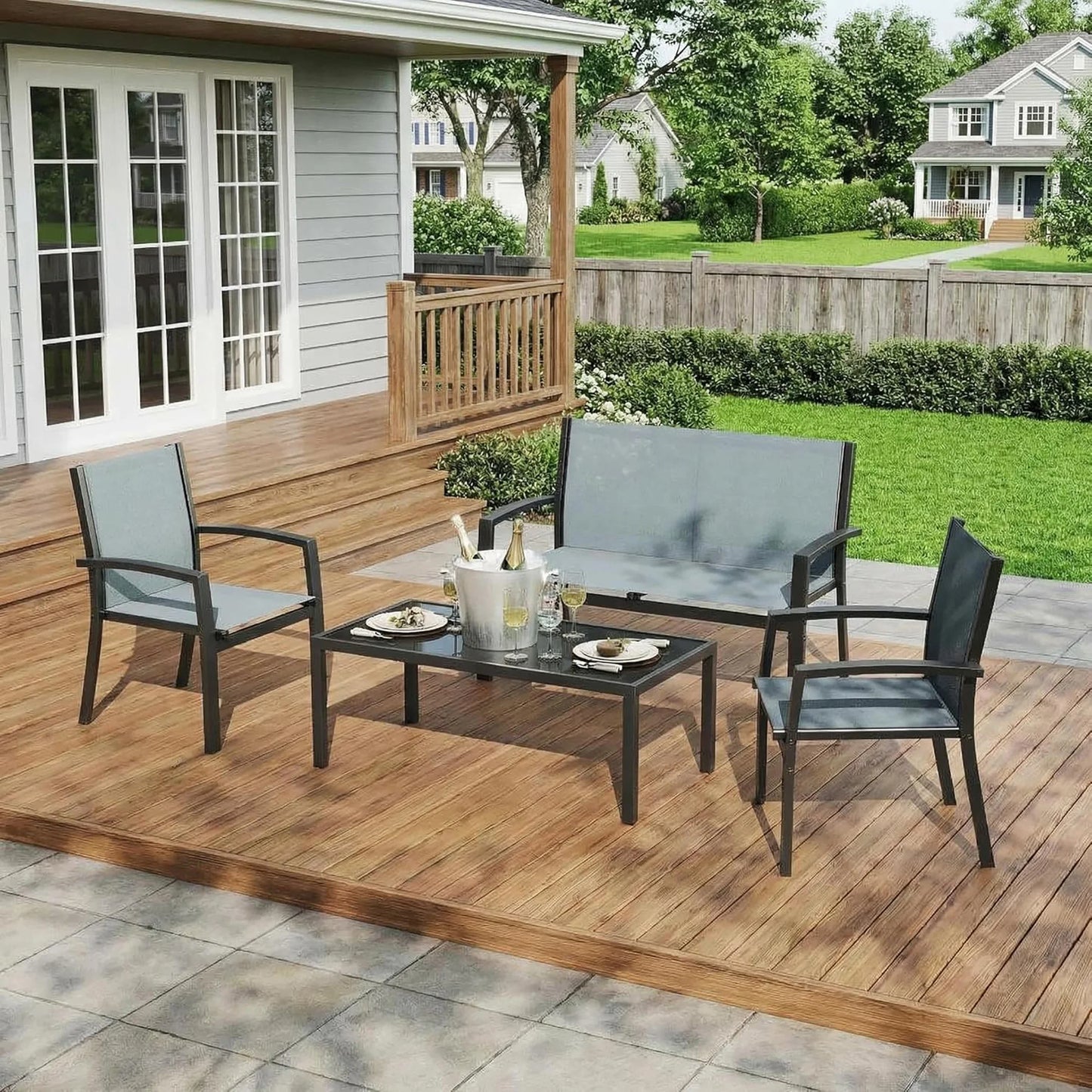 HobbyLane Modern 4 Piece Metal Patio Furniture Set Table Outdoor