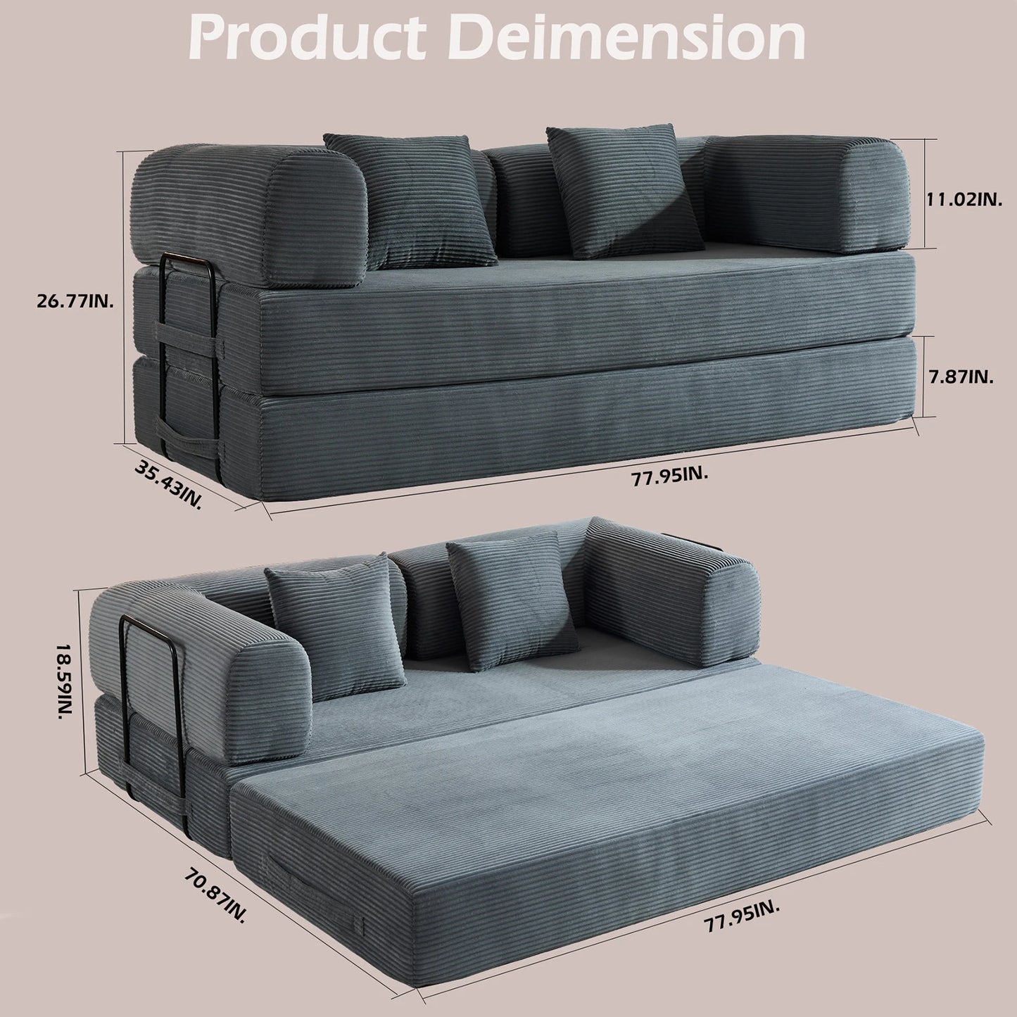 THOLASIS Velvet Folding Convertible Sofa Bed For Small Spaces