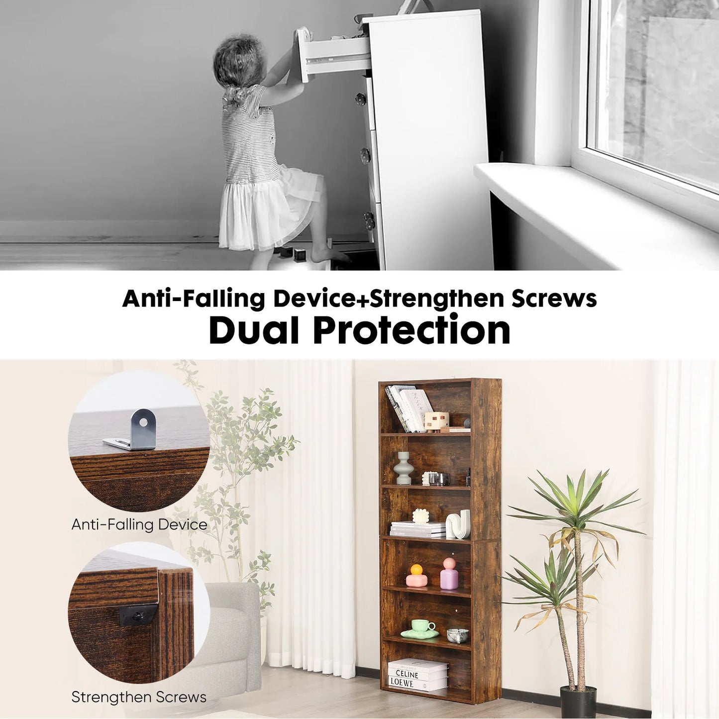 JHK Six Tier Wooden Bookshelf Floor Standing Bookcase