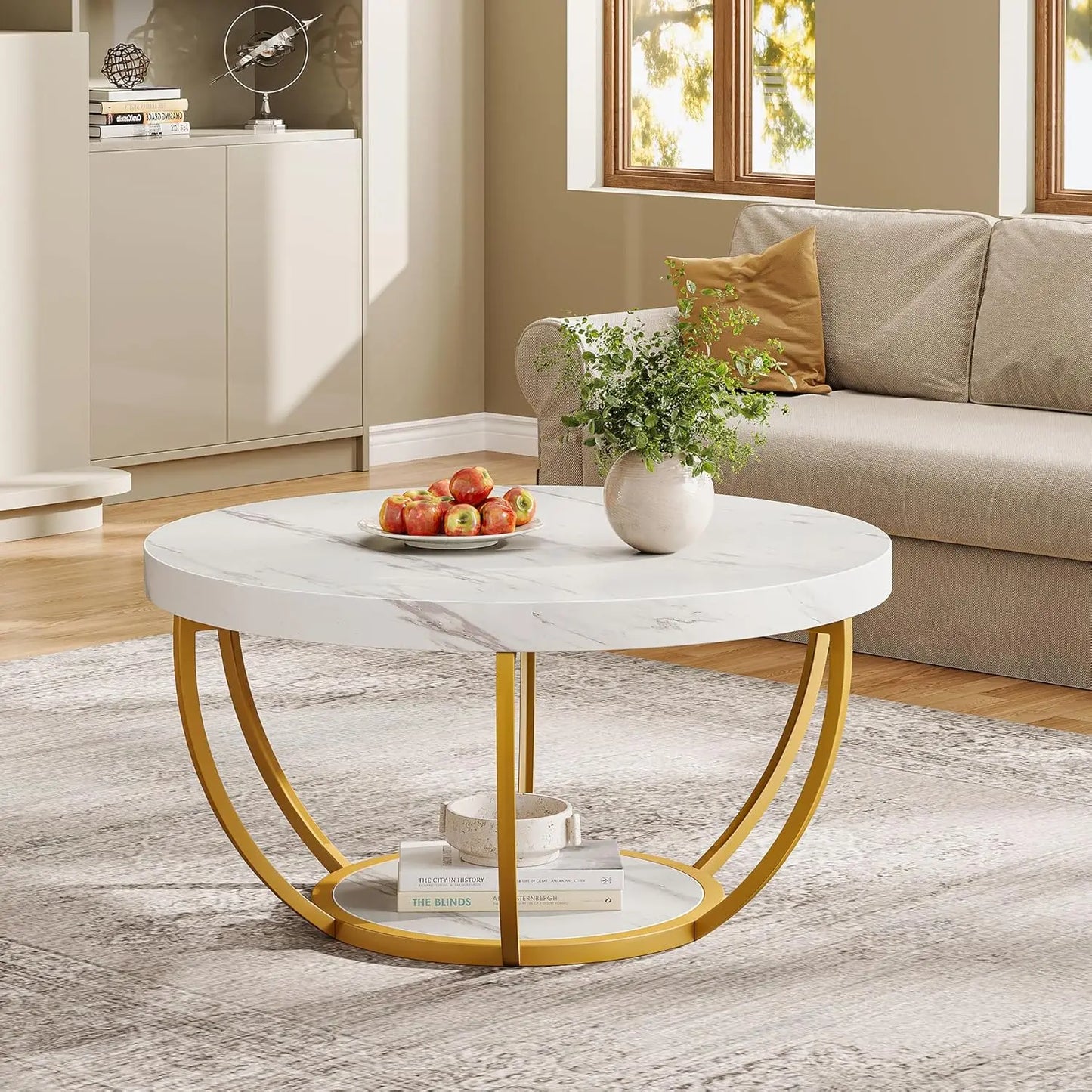 Little Tree Circle Marble Coffee Table With Two-Tier Open Storage