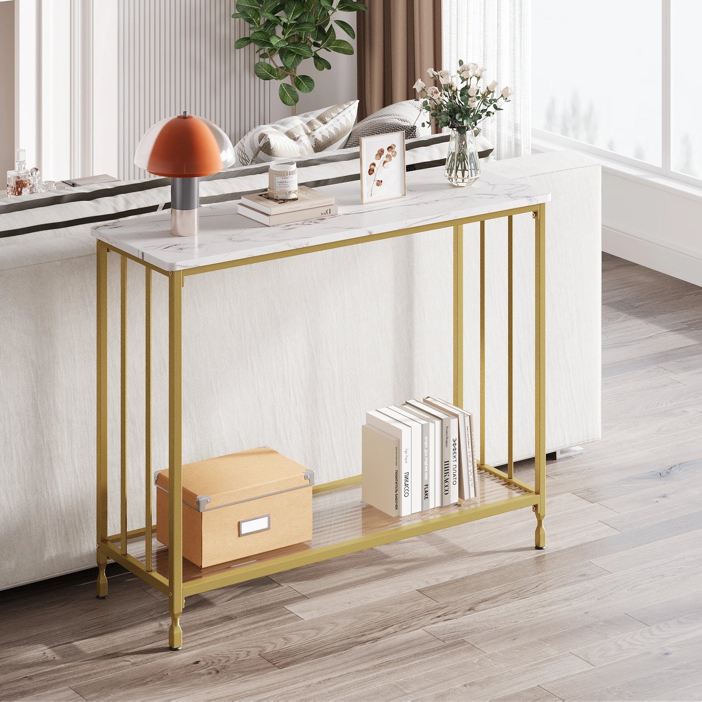 HobbyLane Hallway Console Table With Glass Shelf And Metal Frame