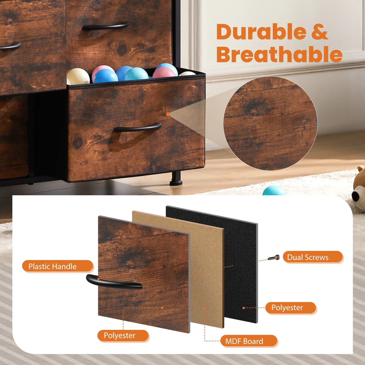 JHK Bedside Table With Fabric Drawers Wardrobe Steel Frame Storage