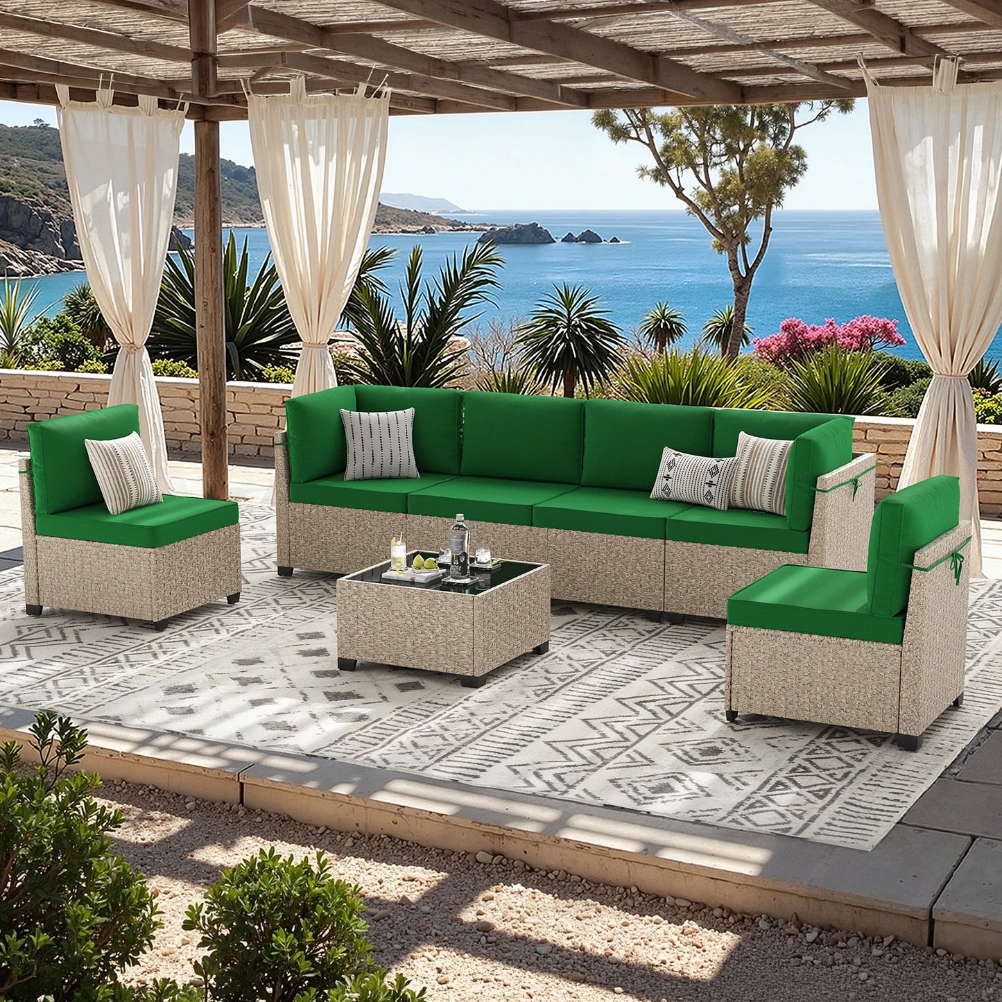 Outdoor 7-Piece Rattan Patio Furniture Set With Tempered Glass Table