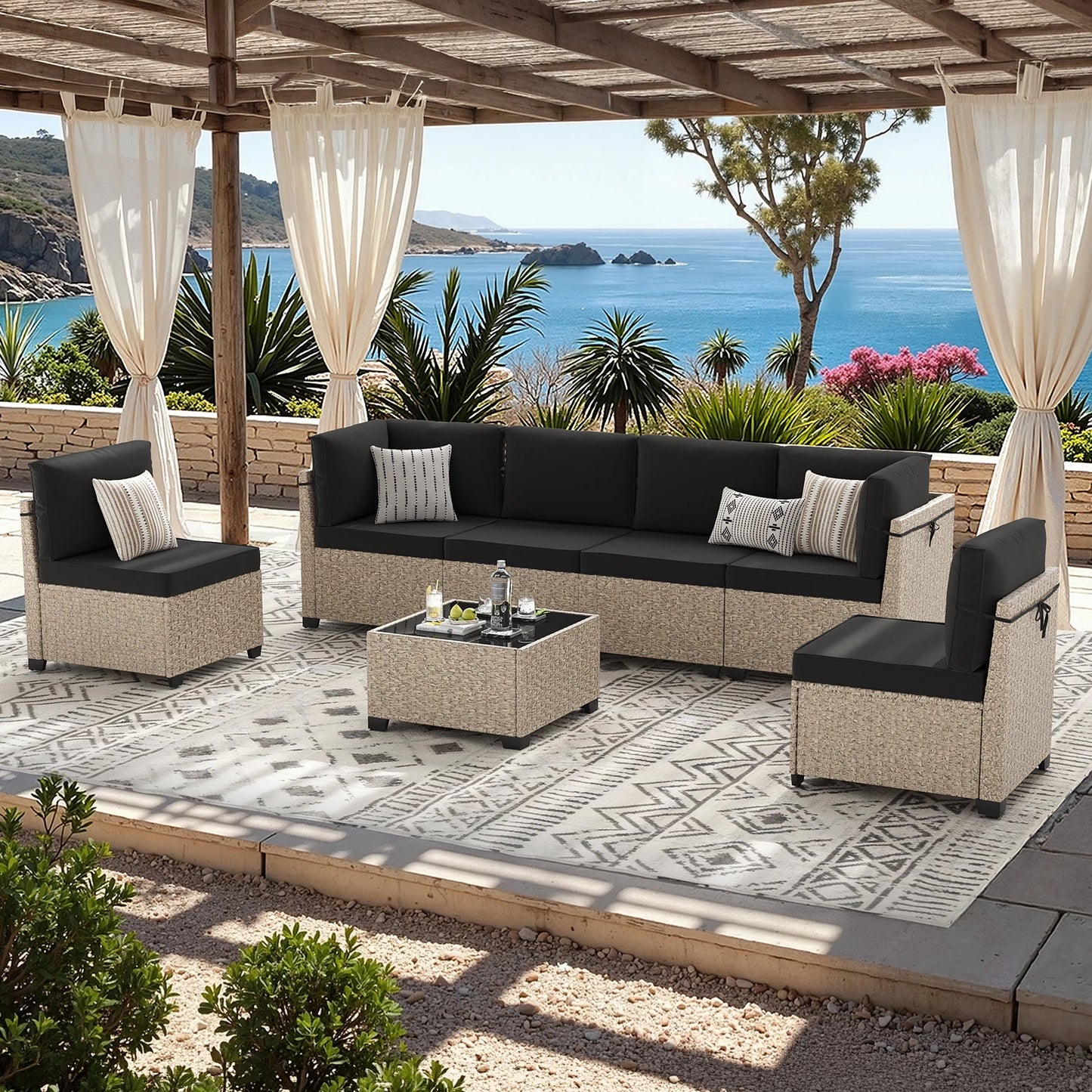 Outdoor 7-Piece Rattan Patio Furniture Set With Tempered Glass Table