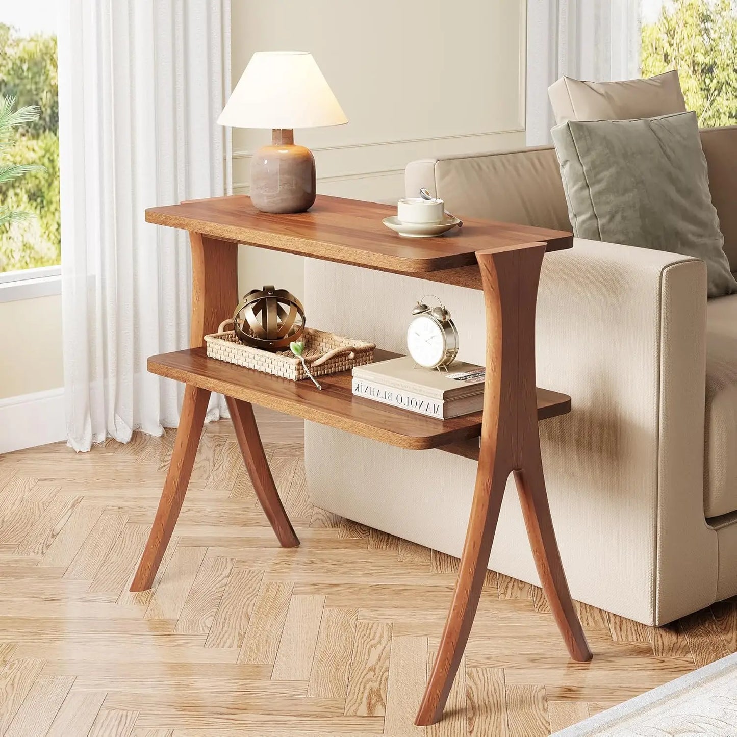 LITTLE TREE Two Tier Side Table For Living Room With Solid Wood Legs