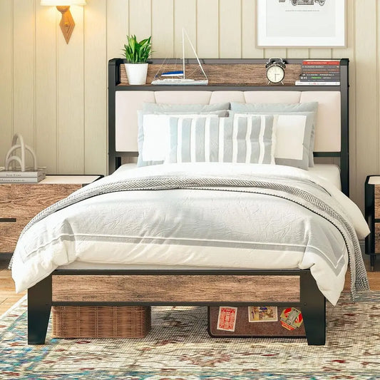 LIKIMIO Bed Frames With Storage Headboard And Charging Station