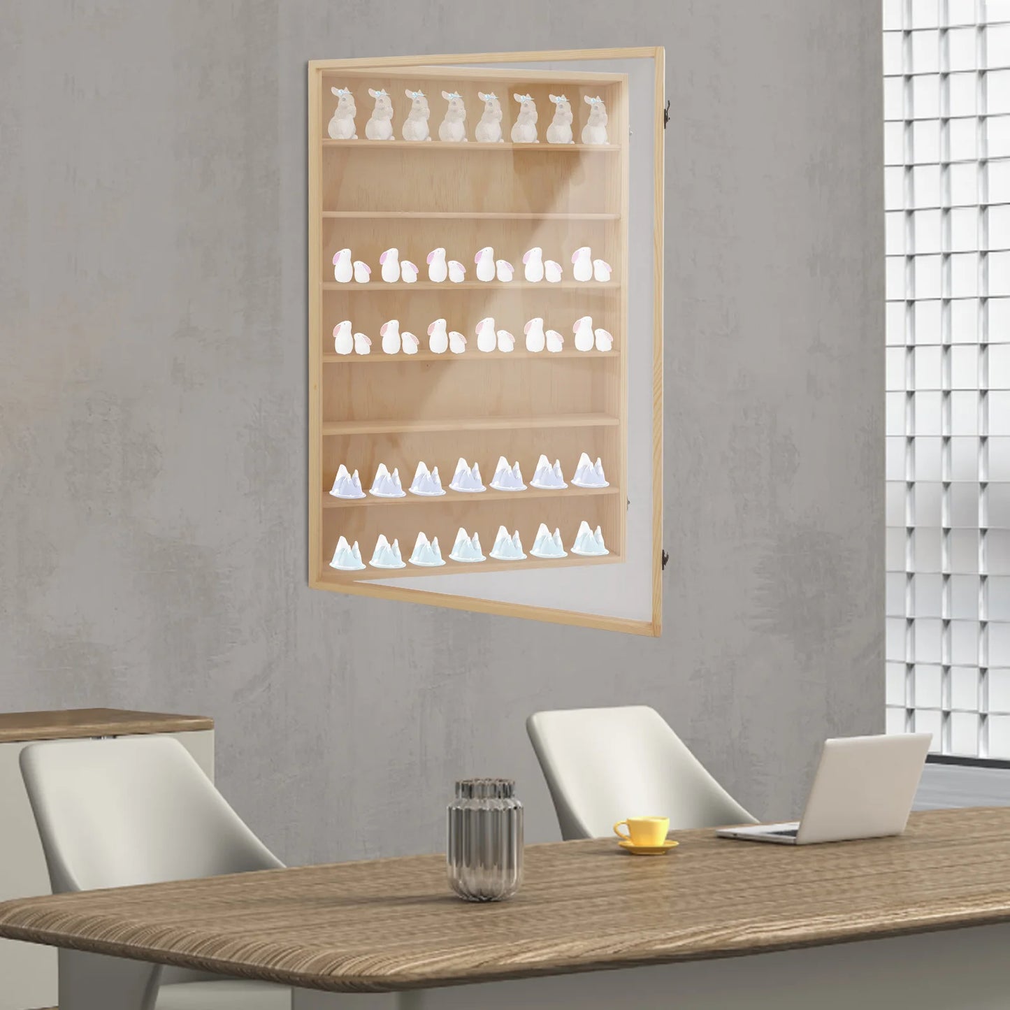 7 Tier Wall Mounted Wooden Display Cabinet With Clear Door