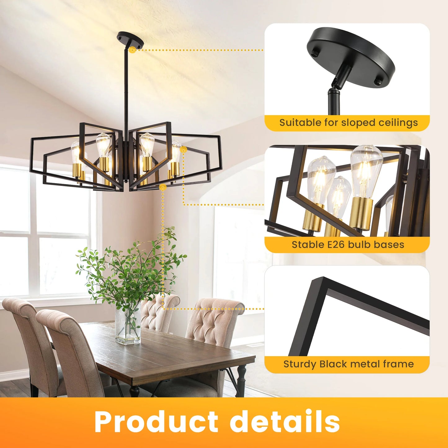 Modern 8 Light Geometric Chandelier Adjustable Height Metal Pendant