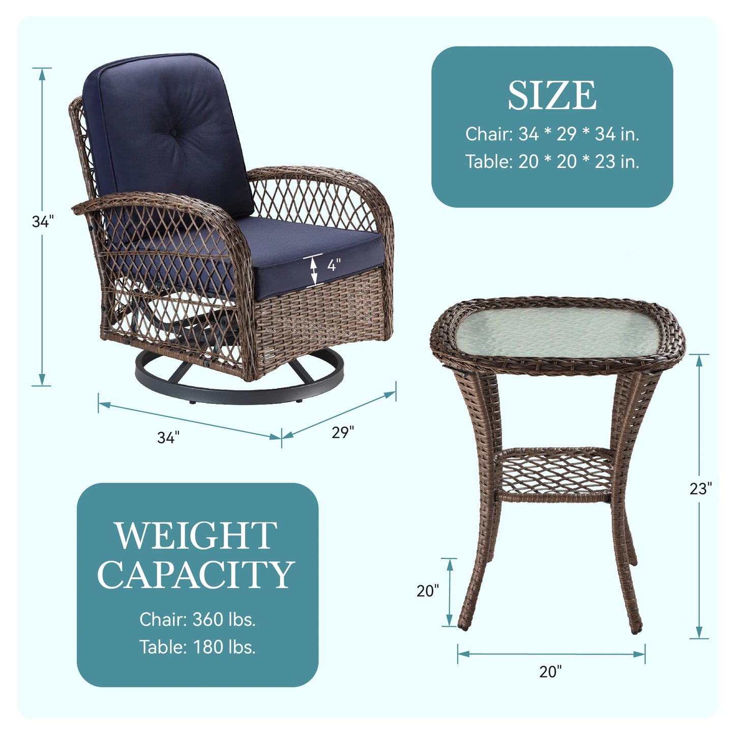 Outdoor 3 Piece Patio Bistro Set With Cushioned Rocking Chairs