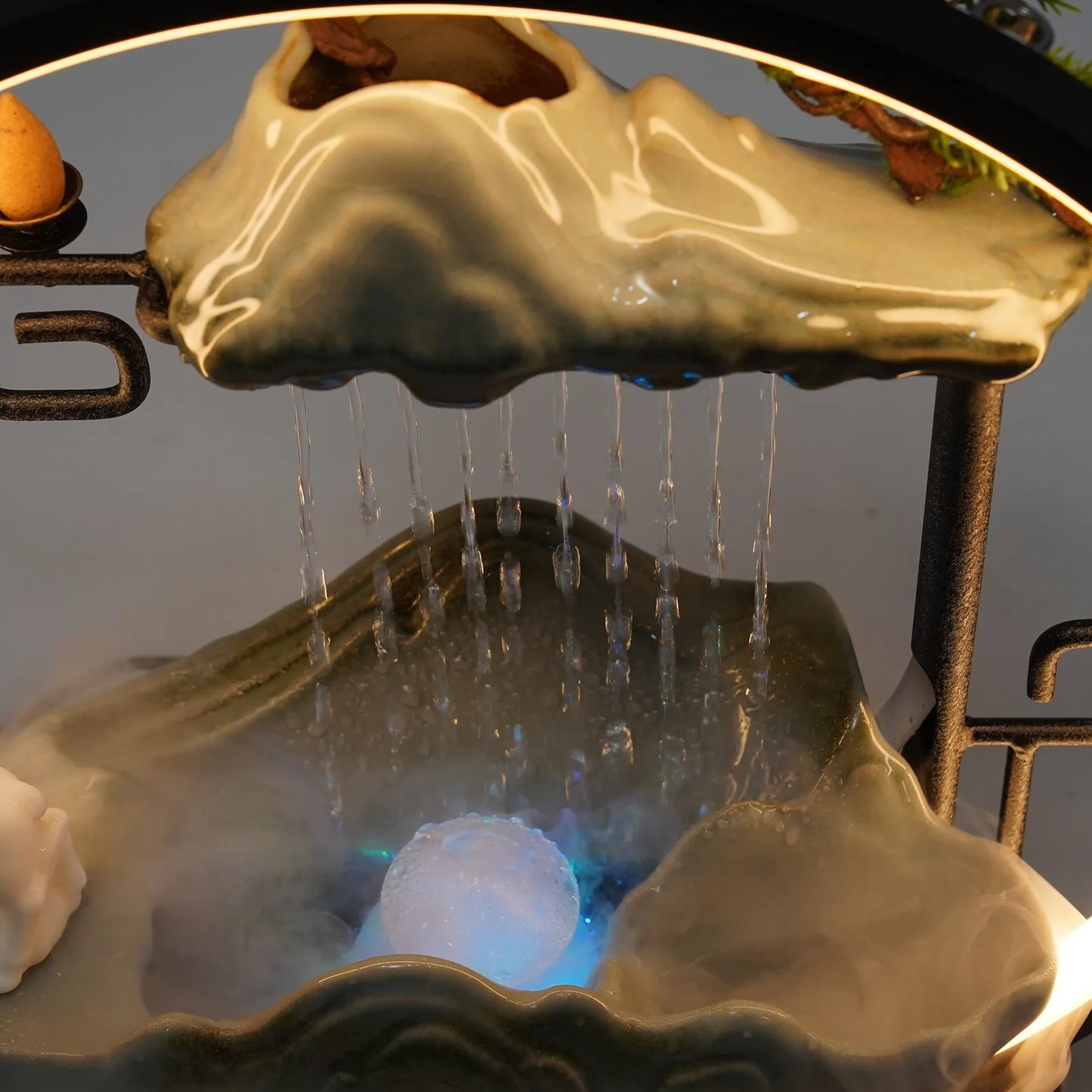 Ceramic Tabletop Fountain With LED Mist Deer Figurine And Pine Branches