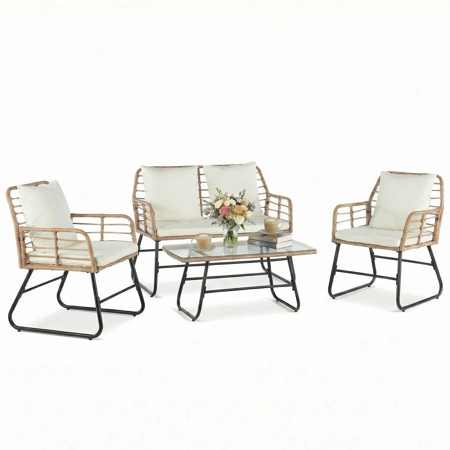 JHK Outdoor Wicker Patio Set 4-Piece With Cushions Glass Table