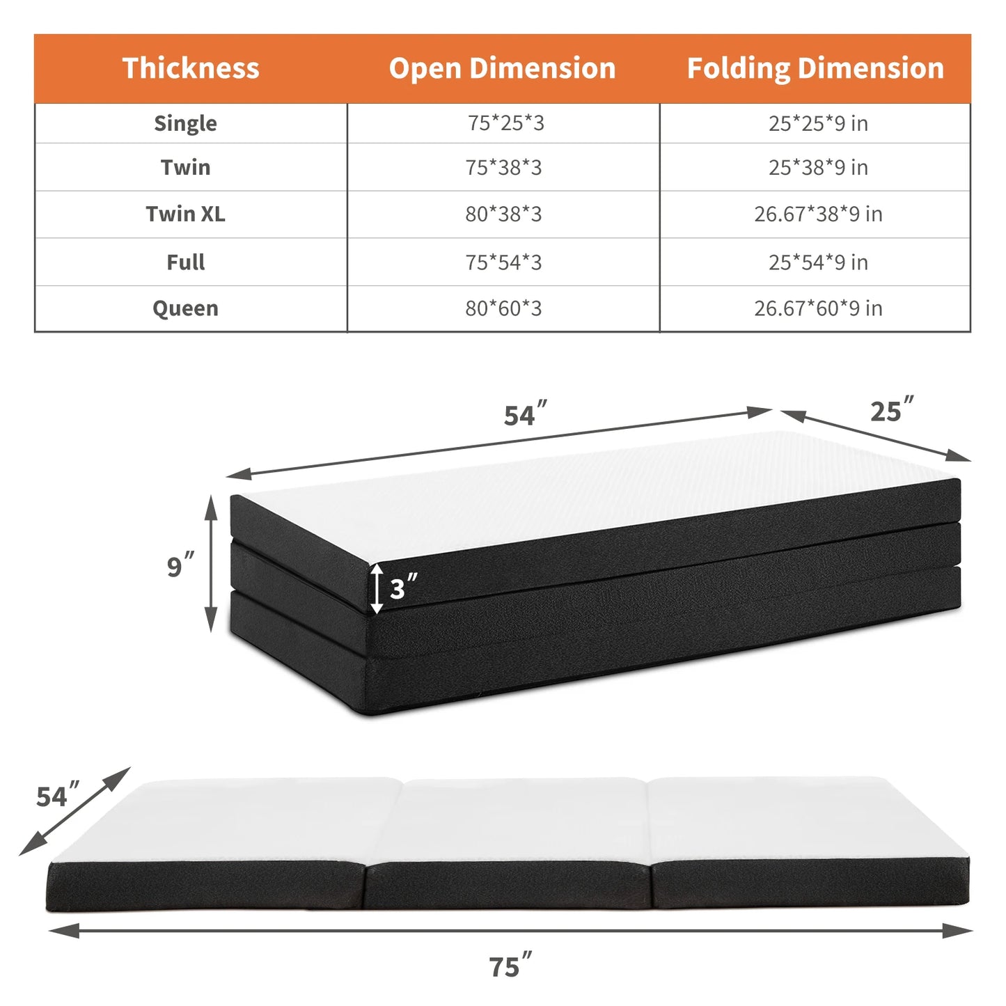 JHK Tri-Fold Memory Foam Mattress With Collapsible Washable Cover Portable Bed
